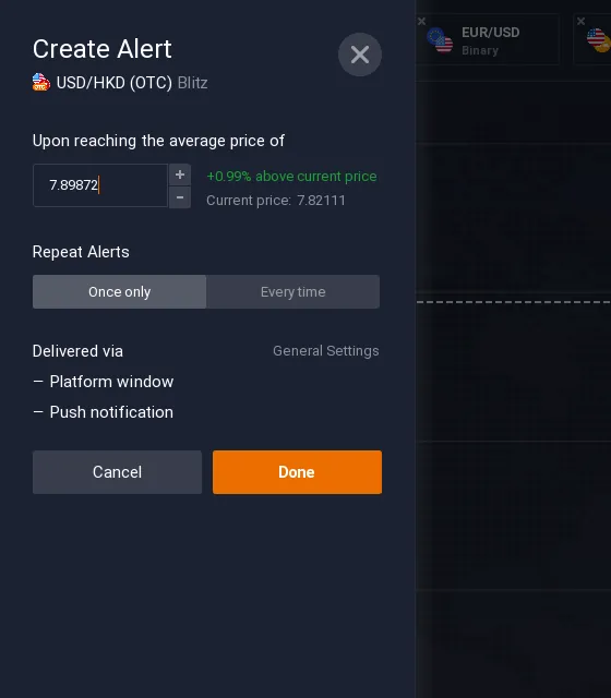 IQ Option Create Alert dialog for a price level with once-only or repeat alerts