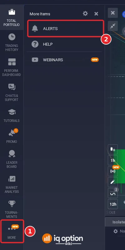 IQ Option traderoom sidebar with the MORE button and the More Items list open, showing Alerts, Help and Webinars