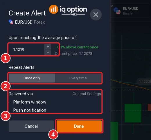 IQ Option Create Alert dialog for EUR/USD Forex with the price field, the Once only and Every time buttons, the delivery list and the Done button