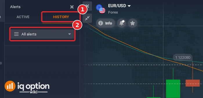 IQ Option Alerts panel with the History tab selected and the All alerts filter, with no entries listed