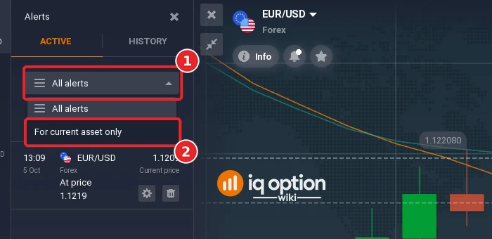 IQ Option Alerts panel with the filter list open, offering All alerts and For current asset only