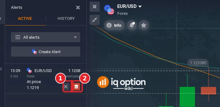 IQ Option Alerts panel after the first click on the trash button, which now shows a cross and a red trash button on the alert row