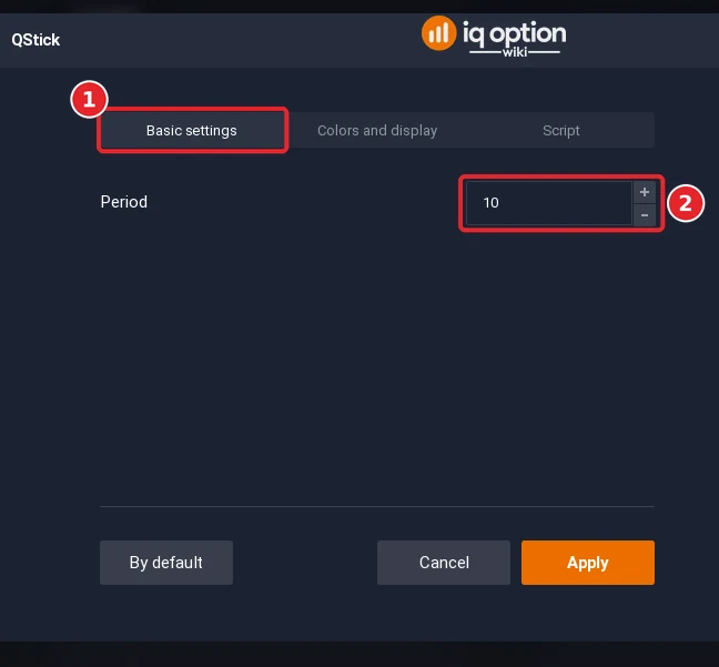 QStick dialog on the Basic settings tab (1) with 1 setting (2)