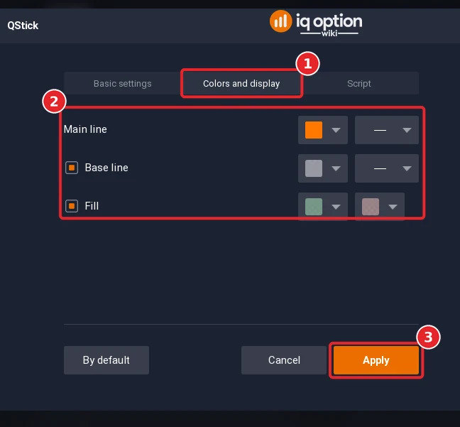 QStick dialog on the Colors and display tab (1) with the colour rows (2) and the Apply button (3)