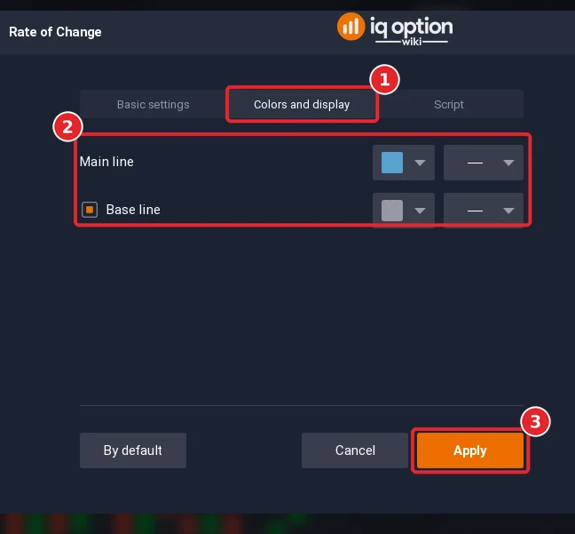 Rate of Change dialog on the Colors and display tab (1) with the colour rows (2) and the Apply button (3)
