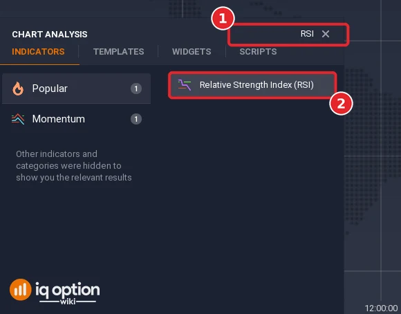 Chart analysis search box with RSI typed in (1) and the Relative Strength Index (RSI) result (2)