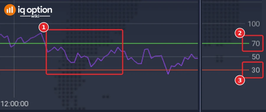 RSI panel under the price chart with the RSI line (1), the green overbought line at 70 (2) and the red oversold line at 30 (3)