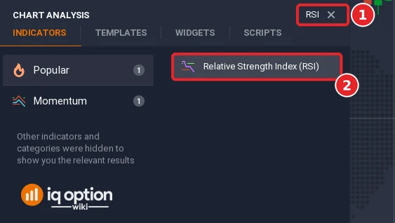 Chart analysis search box with RSI typed in (1) and the Relative Strength Index (RSI) result (2)