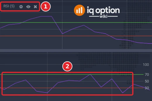 EUR/USD 5-minute chart: the left end of the RSI (5) panel with its title (1), and its right end with the RSI line and the lines at 70 and 30 (2) and the scale