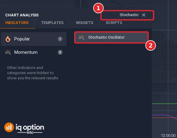 Chart analysis search box with Stochastic typed in (1) and the Stochastic Oscillator result (2)