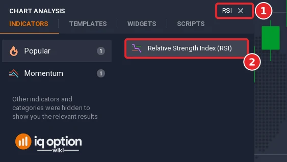 Chart analysis search box with RSI typed in (1) and the Relative Strength Index (RSI) result (2)