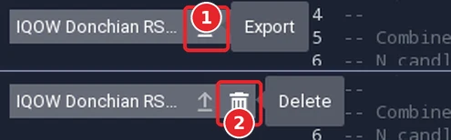 Export (1) and Delete (2) icons of a script row, each shown with its tooltip