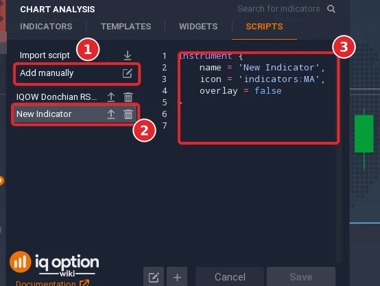 Scripts tab after Add manually (1): a row called New Indicator (2) and the sample script in the editor (3)