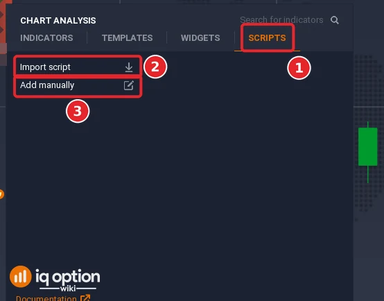 IQ Option Chart analysis panel with the Scripts tab selected (1), the Import script row (2) and the Add manually row (3), with no script in the list