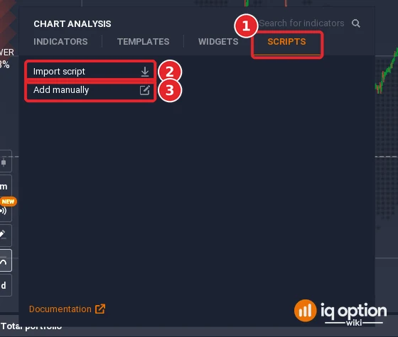 IQ Option Chart analysis panel with the Scripts tab selected (1), the Import script row (2) and the Add manually row (3)