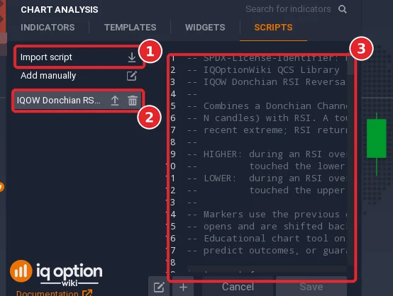 Scripts tab after importing a script: Import script (1), the new row in the list (2) and its code in the editor (3)