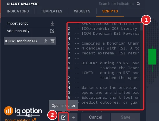 Script code in the editor (1) and the Open in editor icon under it (2) with its tooltip