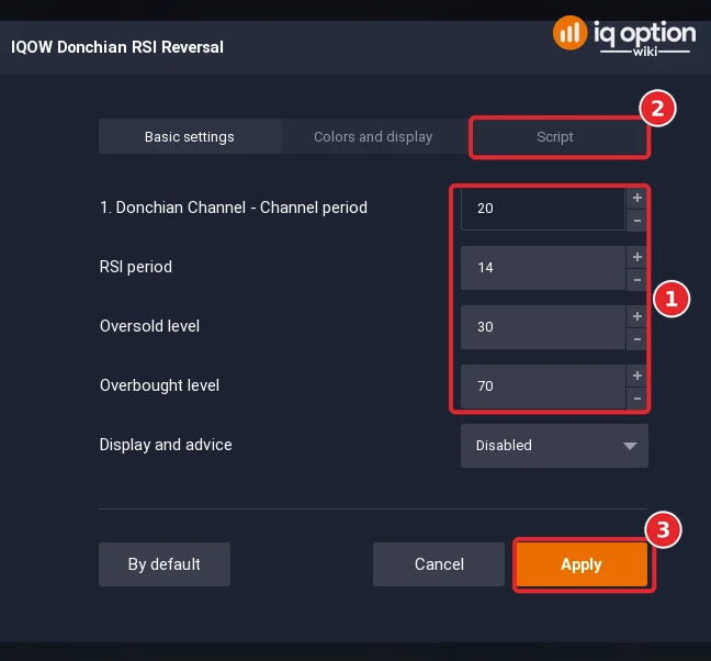 Settings dialog of the imported script with the input fields (1), the Script tab (2) and Apply (3)