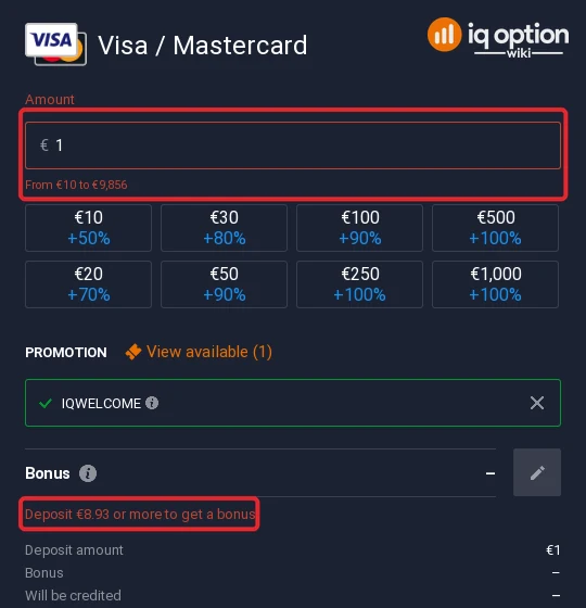 Typing 1 euro shows the card range from 10 to 9,856 euros and the bonus threshold