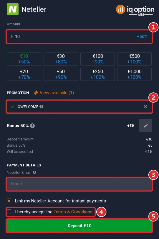 The Neteller deposit form with the amount, bonus code, Neteller email field, terms box and Deposit button