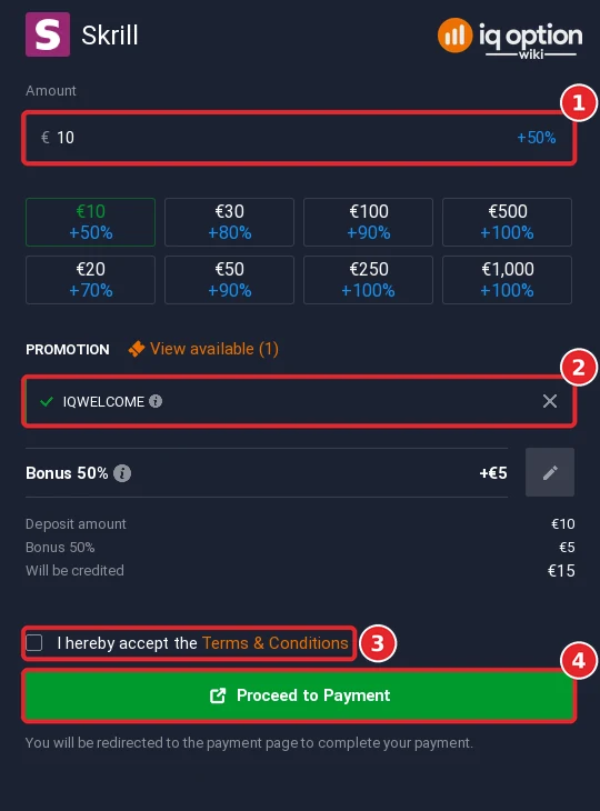 The Skrill deposit form with the amount, bonus code, terms box and Proceed to Payment button