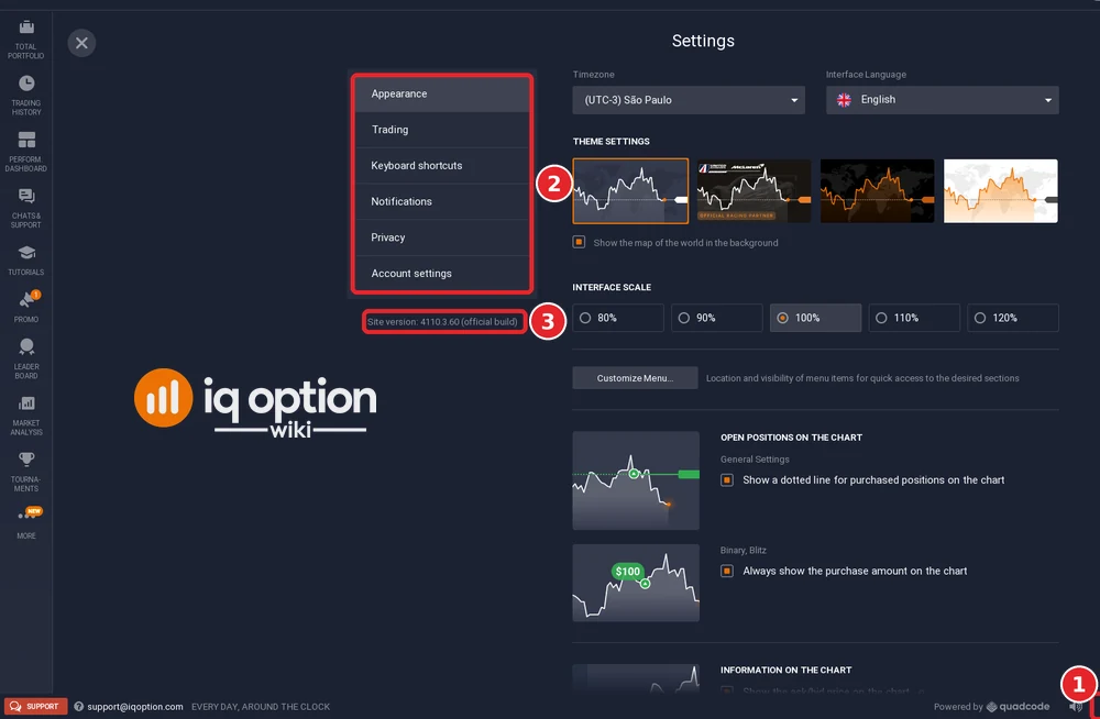IQ Option Settings page opened with the gear in the footer, the six settings sections on the left and the site version under them