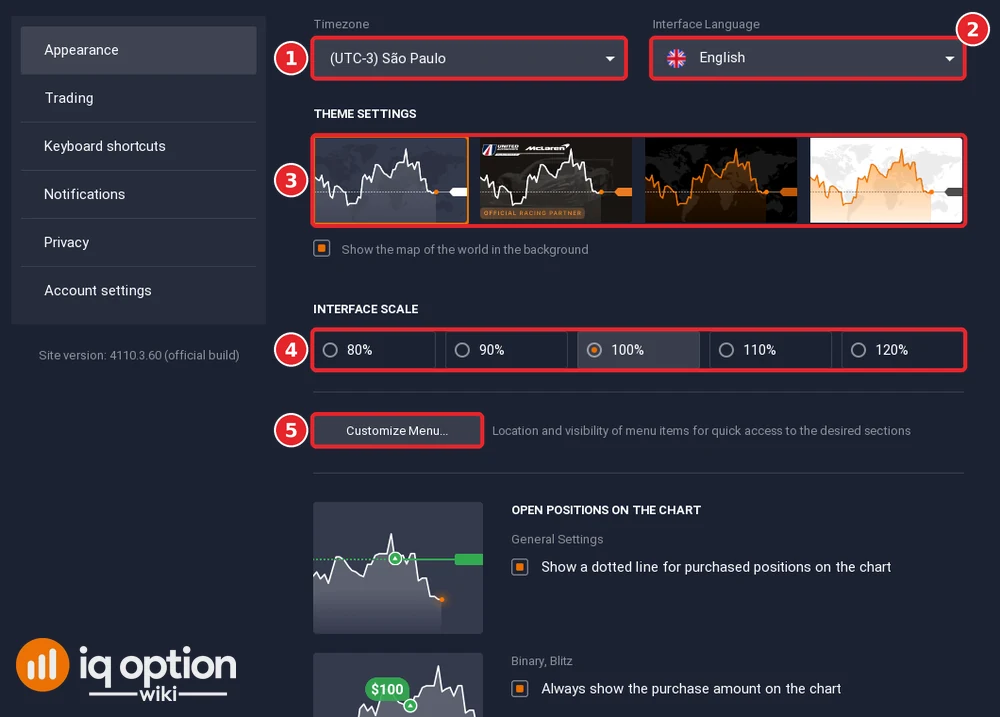 IQ Option Settings, Appearance tab, with the Timezone and Interface Language fields, four themes, the interface scale and the Customize Menu button
