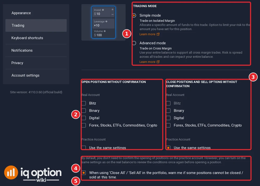 IQ Option Trading settings with Simple and Advanced trading mode and the options to open and close positions without confirmation