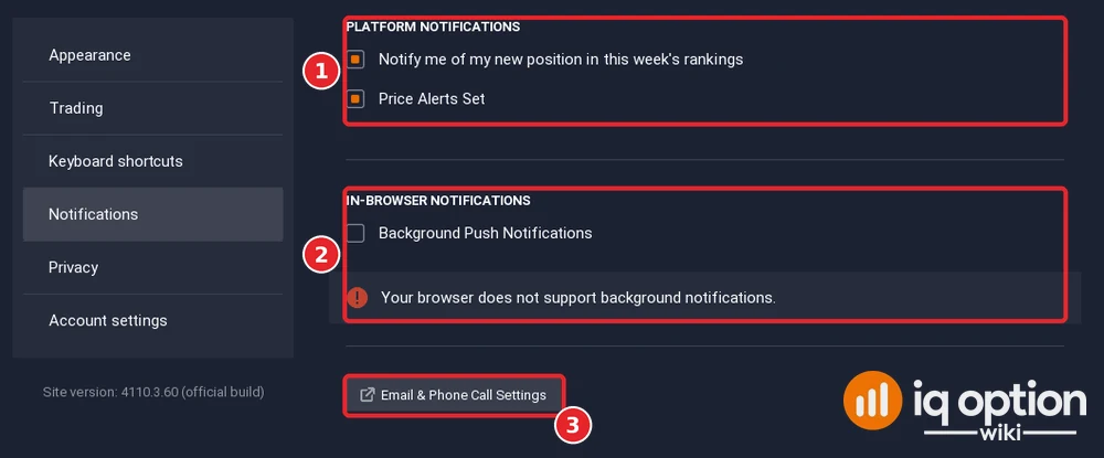 IQ Option Notifications settings with platform notifications, in-browser background push notifications and the Email and Phone Call Settings button