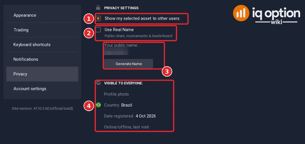 IQ Option Privacy settings with the show selected asset option, Use Real Name, the public name generator and what is visible to everyone