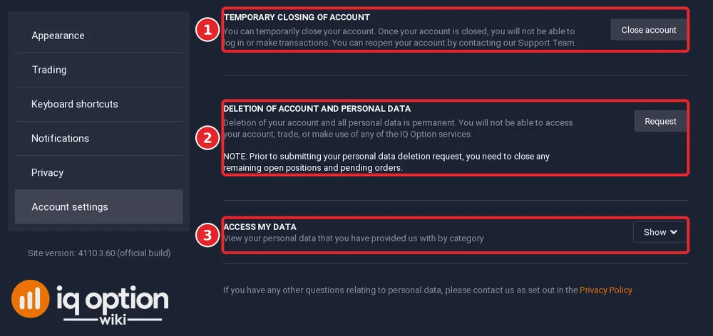 IQ Option Account settings with Temporary closing of account, Deletion of account and personal data, and Access my data