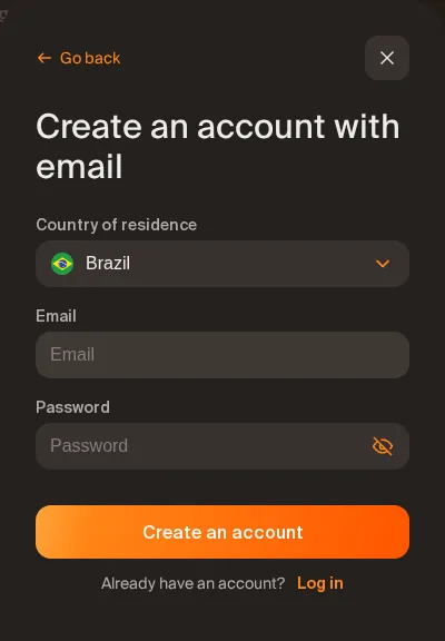 IQ Option sign-up form: country of residence, email and password