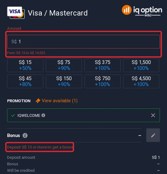 Visa / Mastercard accepts S$ 15 to S$ 14,553 on IQ Option; the bonus starts at S$ 13
