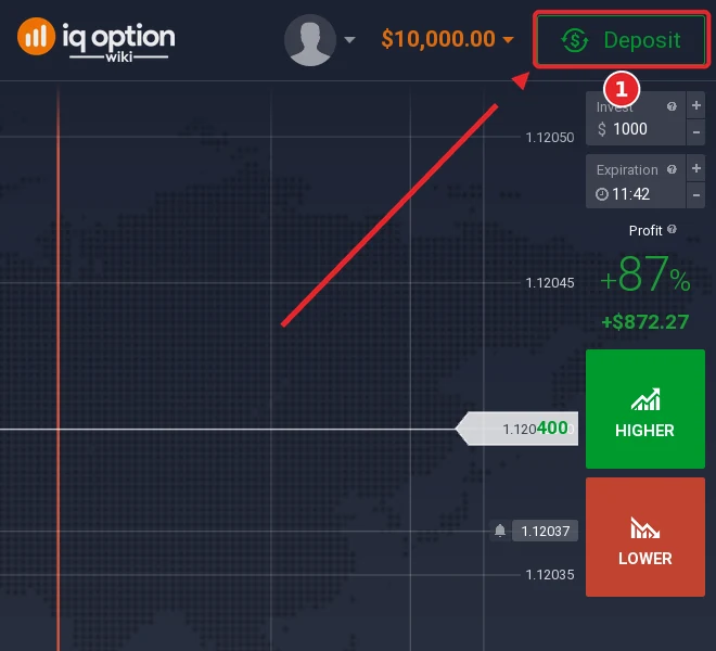 Step 1: the Deposit button in the IQ Option traderoom, on an account registered in Singapore