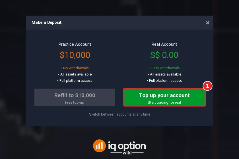 Step 2: Top up your account in the Make a Deposit window; the real account starts at zero