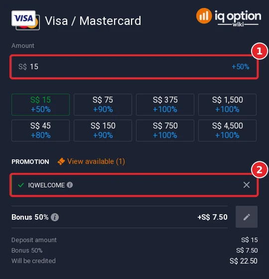 Step 5: a S$ 15 card deposit with the IQWELCOME bonus code applied