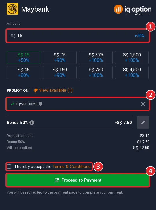 Maybank deposit on IQ Option in Singapore: amount, bonus code, terms and Proceed to Payment