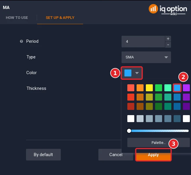 IQ Option MA dialog with the Color list (1), a blue swatch (2) and the Apply button (3)
