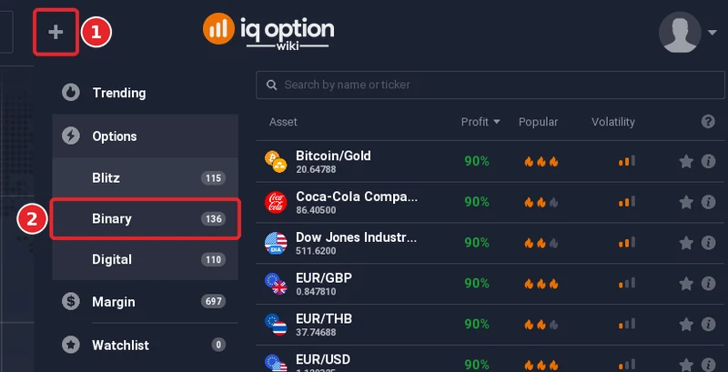 IQ Option asset menu with the plus button (1) and Binary under Options (2)