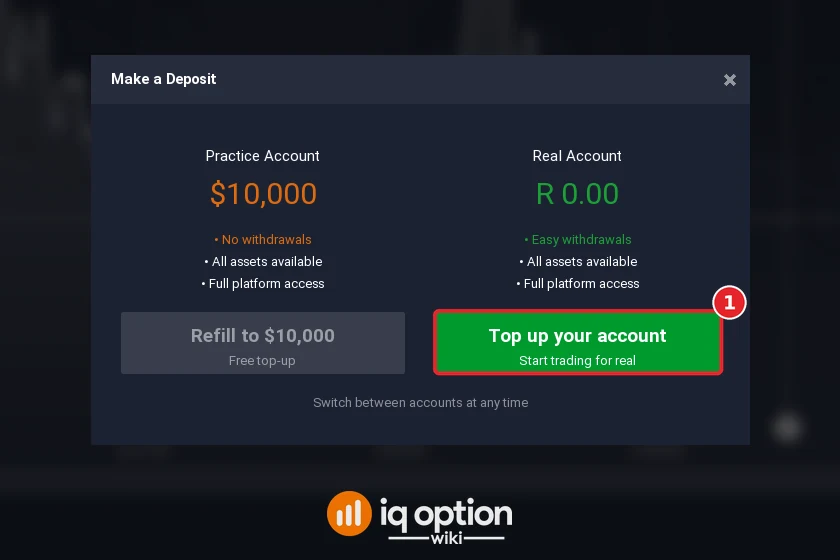 Step 2: Top up your account in the Make a Deposit window; the real account is in rand
