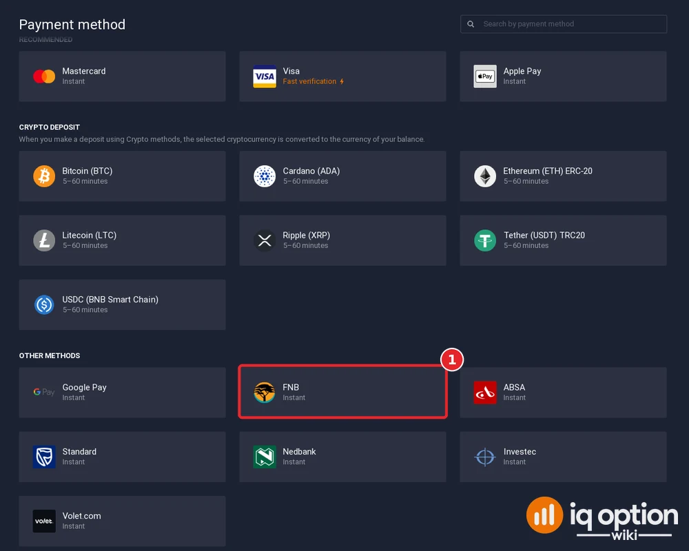 Step 3: the IQ Option cashier for South Africa, with FNB selected