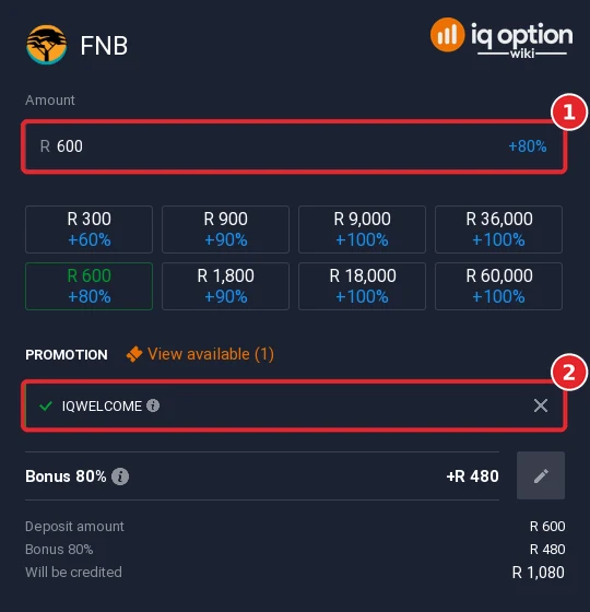 Step 5: an FNB deposit of R600 with the IQWELCOME bonus code (+80%)