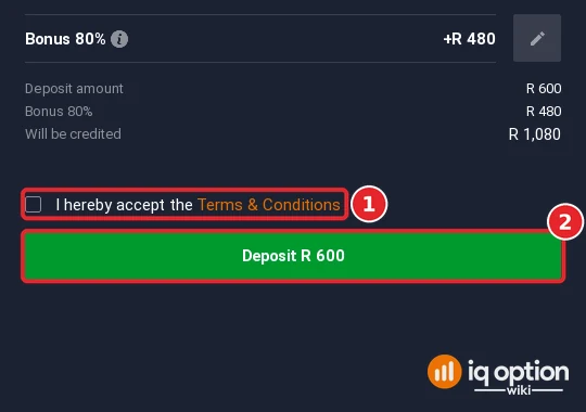 Step 6: accept the terms and click Deposit; FNB needs no other details on IQ Option