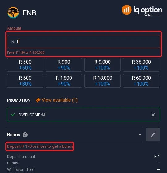 FNB accepts R180 to R500,000 on IQ Option; the bonus starts at R170