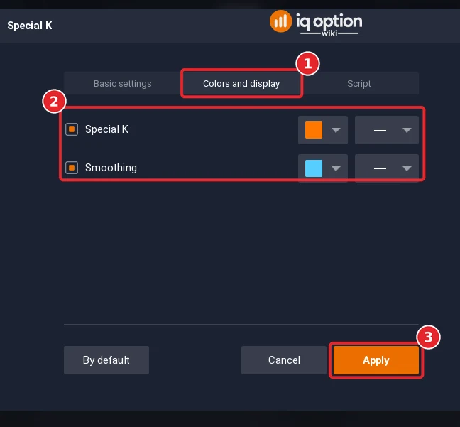 Special K dialog on the Colors and display tab (1) with the colour rows (2) and the Apply button (3)