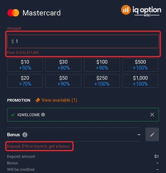 Mastercard accepts $10 to $11,050 on IQ Option; the bonus starts at $10