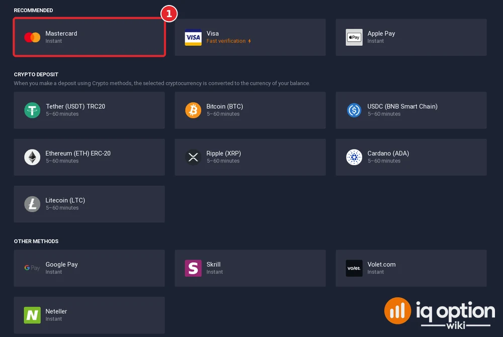 Step 3: the IQ Option cashier for Sri Lanka, with Mastercard selected