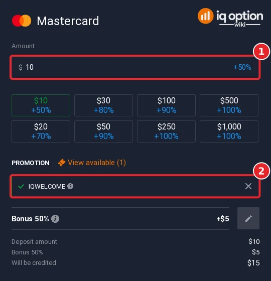 Step 5: a $10 Mastercard deposit with the IQWELCOME bonus code applied