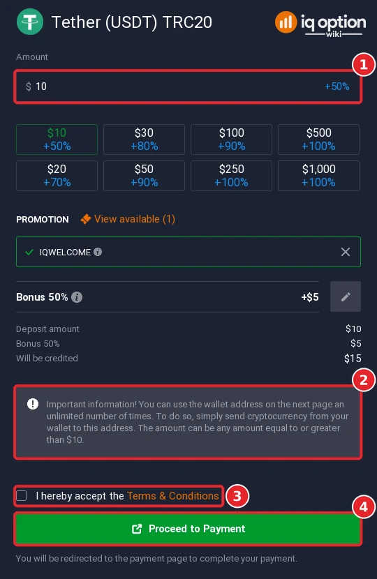 Tether (USDT) TRC20 deposit on IQ Option in Sri Lanka: amount, reusable address note, terms