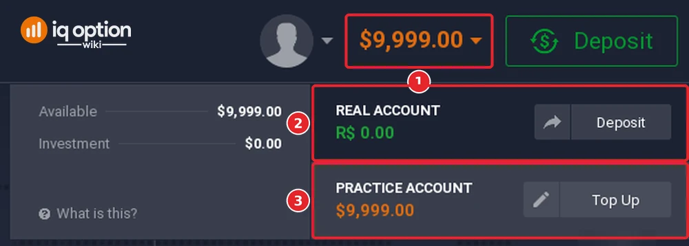 IQ Option balance menu with the balance at the top right (1), the Real account with its Deposit button (2) and the Practice account with its Top Up button (3)